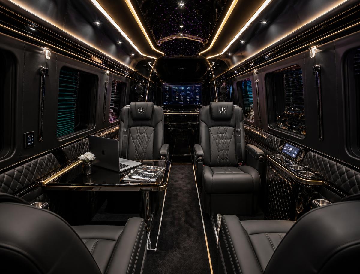 Black leather recliner seats facing a walnut conference table inside a jet class Mercedes Sprinter, lit by a starline roof headliner